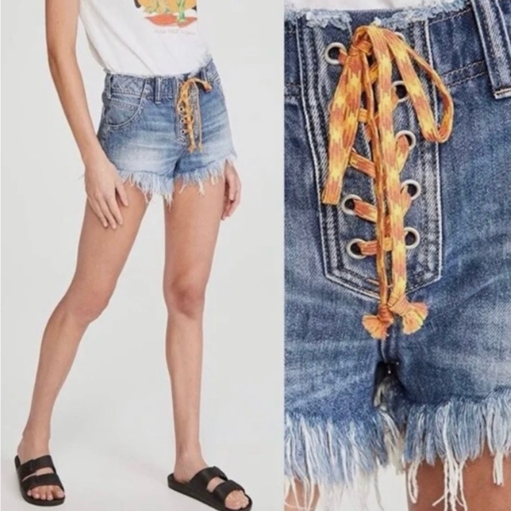 Free People Denim Lace-Up Frayed Hem Shorts